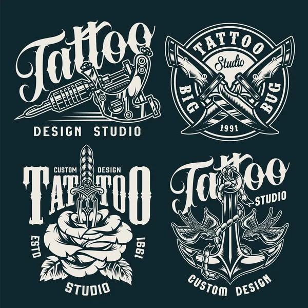 Vintage Tattoo Studio Badges Met Professionele Tattoo Machine Gekruiste Messen — Stockvector
