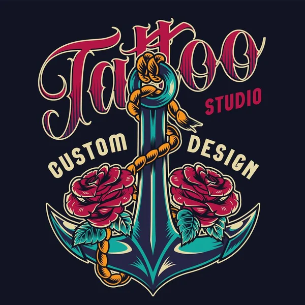 Vintage Tatuering Studio Färgglada Etikett Med Rosor Och Rep Runt — Stock vektor