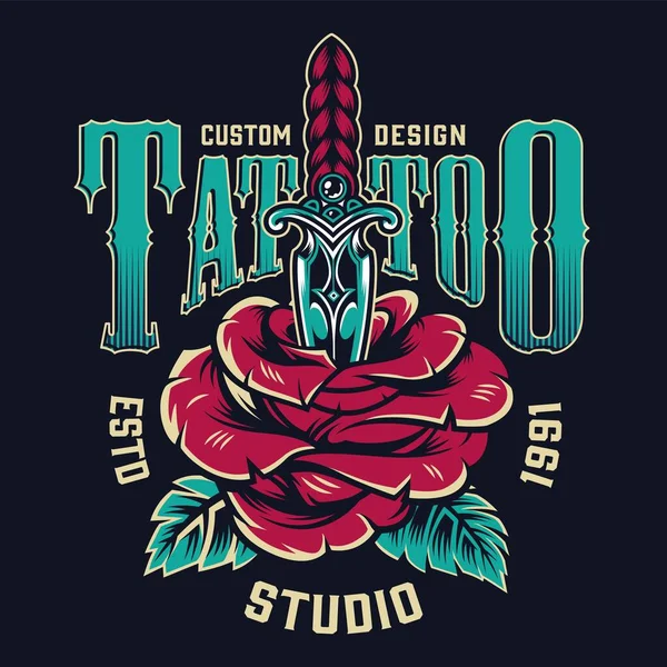 Vintage Tatuering Studio Färgglada Etikett Med Vacker Ros Genomborrad Med — Stock vektor