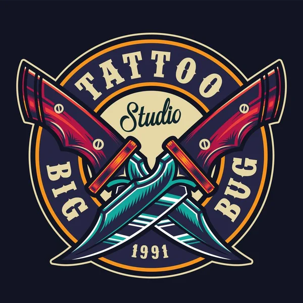 Färgglada Tatuering Studio Runt Tryck Med Korsade Skarpa Militära Knivar — Stock vektor