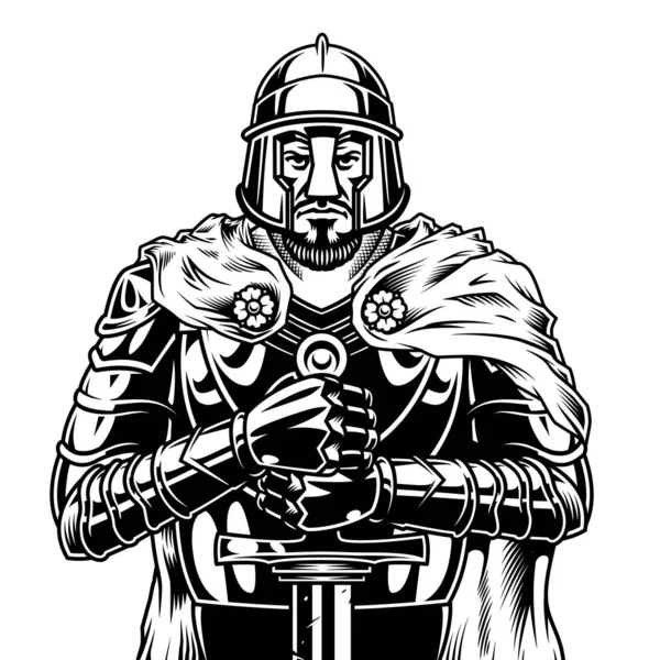 古色古香的中世纪战士 头戴钢盔斗篷 头戴金属盔甲 带隔离病媒图解 — 图库矢量图片