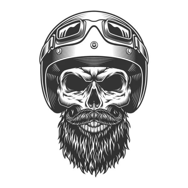 Crâne Vintage Monochrome Avec Casque Motard Illustration Vectorielle — Image vectorielle