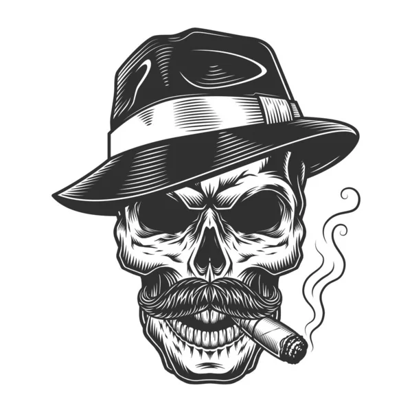 Monochrome Vintage Skull Mafia Gangster Style Vector Illustration — Stock Vector