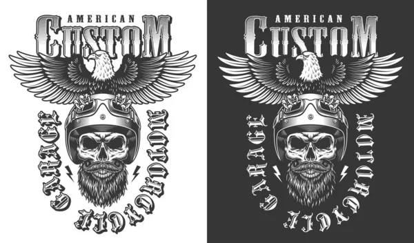 Biker Emblem Eagle Skull Vector Illustration — Stock Vector