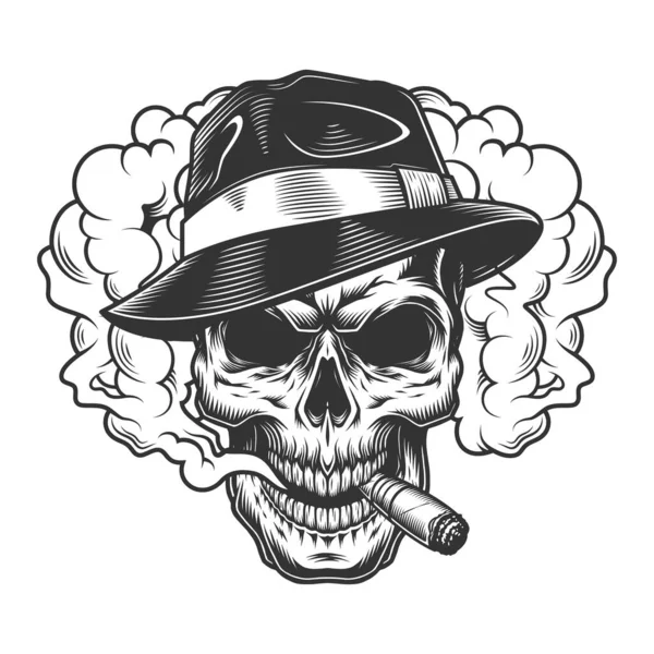Crânio Nuvem Fumo Chapéu Fedora Ilustração Vetorial — Vetor de Stock