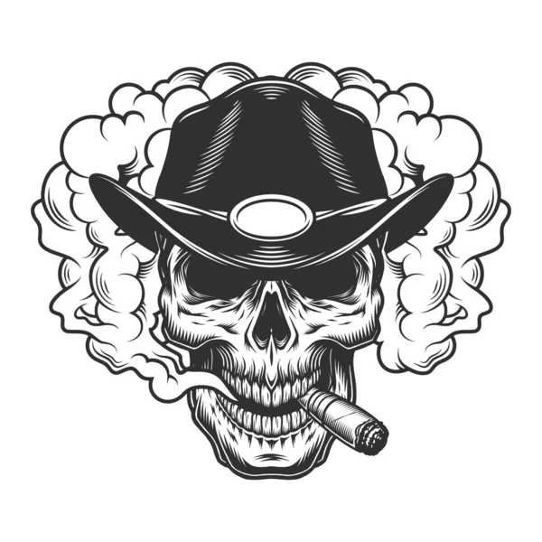 Crâne Dans Nuage Fumée Chapeau Cow Boy Illustration Vectorielle — Image vectorielle