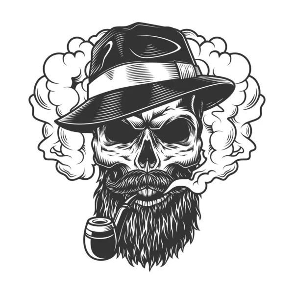 Totenkopf Rauchwolke Und Fedora Hut Vektorillustration — Stockvektor