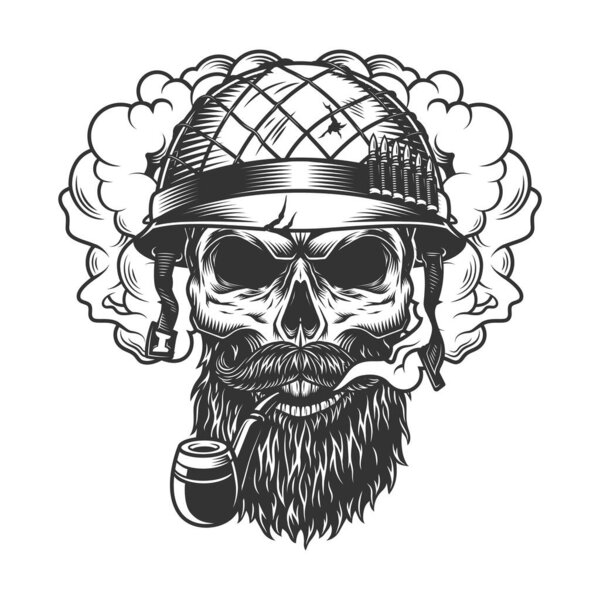 Skull in smoke cloud and soldier helmet. Vector illustration