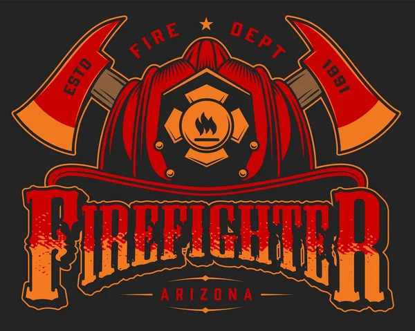 Vintage Firefighting Colorful Emblem Inscriptions Crossed Axes Firefighter Helmet Black — Stock Vector