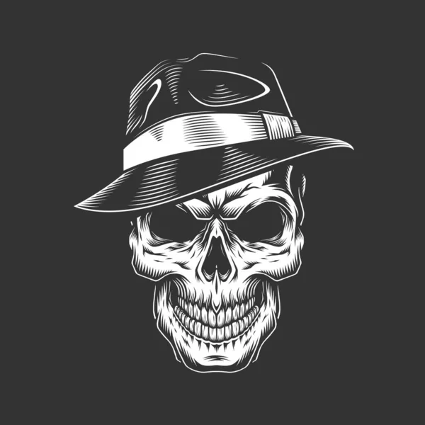 Cráneo Gangster Monocromo Vintage Sombrero Ilustración Vectorial Aislada — Vector de stock