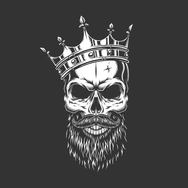 Vintage Monochrome Prince Skull Crown Beard Mustache Isolated Vector Illustration — Stock Vector