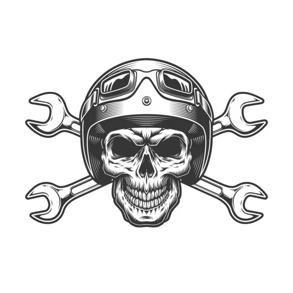 Cráneo Motociclista Vintage Casco Moto Con Llaves Cruzadas Estilo Monocromo — Vector de stock