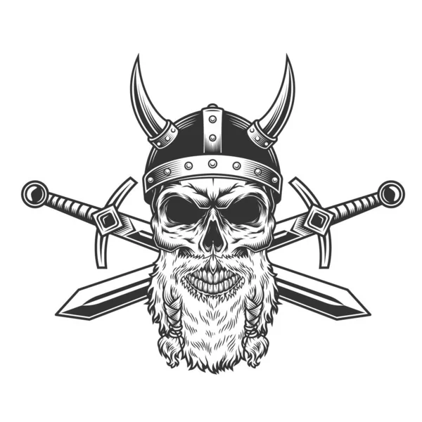 Crâne Viking Barbu Vintage Casque Cornes Avec Épées Croisées Sur — Image vectorielle