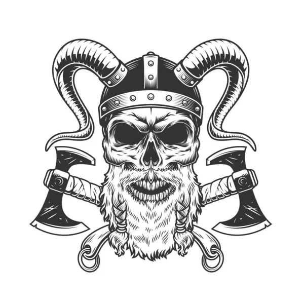 Vintage Monochrome Scandinavian Viking Skull Helmet Horns Crossed Swords Isolated — Stock Vector