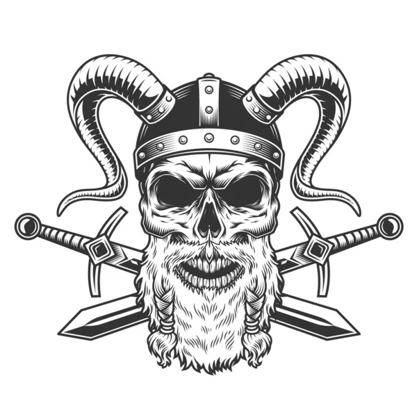 Vintage Stern Bearded Viking Skull Horned Helmet Crossed Swords Monochrome — Stock Vector
