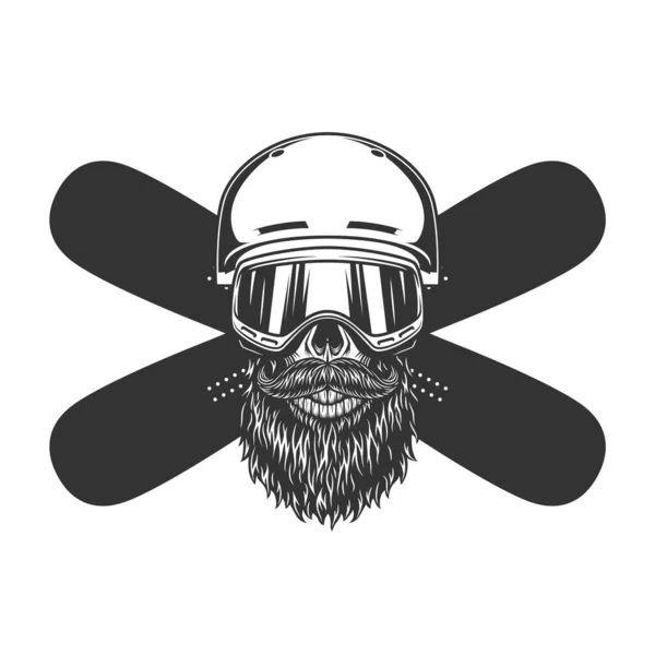 Vintage Bärtige Und Schnurrbärtige Snowboarder Totenkopf Helmmaske Und Gekreuzten Snowboards — Stockvektor