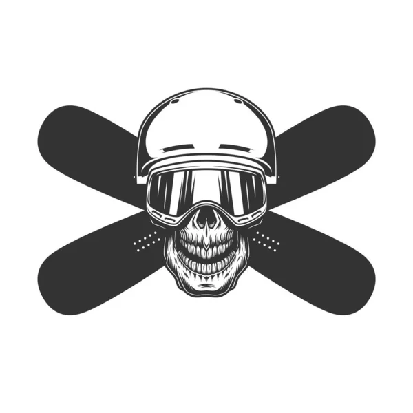 Snowboarder Totenkopf Helm Und Maske Mit Gekreuzten Snowboards Vintage Monochrom — Stockvektor