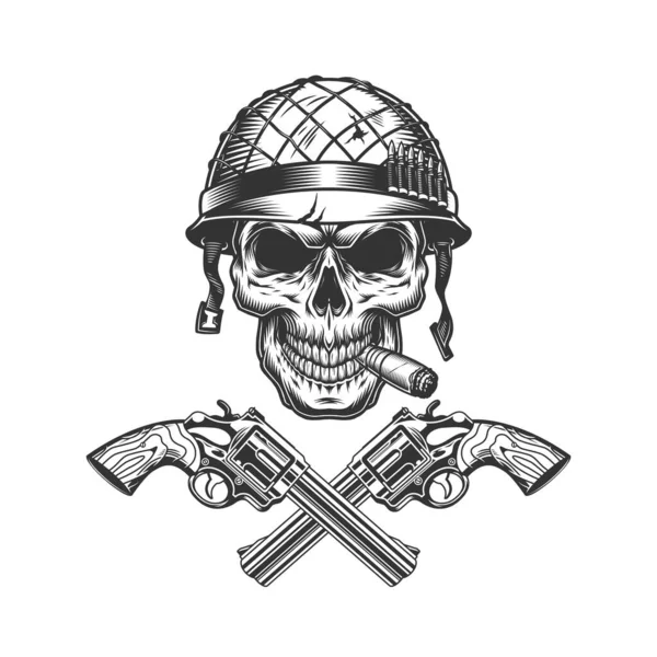 ヴィンテージモノクローム兵士頭蓋骨喫煙パイプヘルメットで交差銃孤立ベクトルイラスト — ストックベクタ