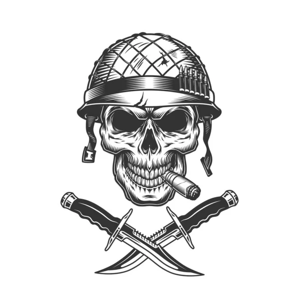 Vintage Monochrome Soldier Skull Smoking Cigar Metal Helmet Crossed Knives — Stock Vector
