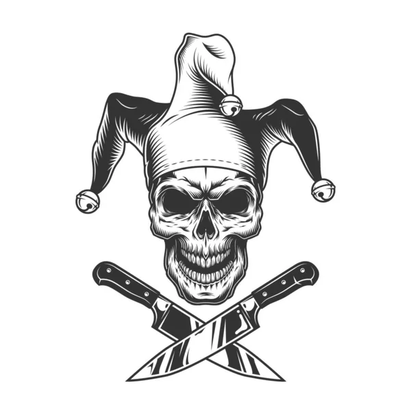 Vintage Monocromo Malvado Jester Cráneo Con Cuchillos Cruzados Aislado Vector — Archivo Imágenes Vectoriales