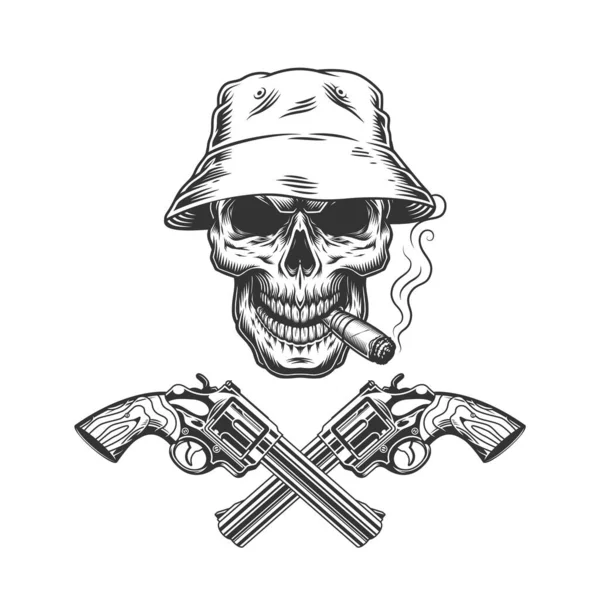 Курение Черепа Сигара Панамской Шляпе Скрещенными Пистолетами Винтажном Монохромном Стиле — стоковый вектор