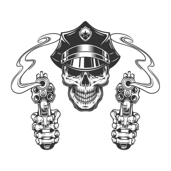 Crânio Vintage Chapéu Polícia Esqueleto Mãos Segurando Pistolas Isolado Vetor — Vetor de Stock