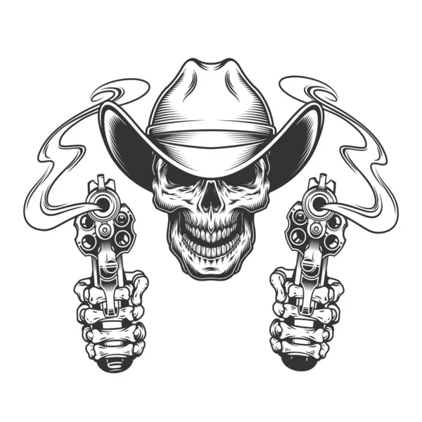 Vintage Monochrome Schedel Cowboy Hoed Skelet Handen Met Pistolen Geïsoleerde — Stockvector