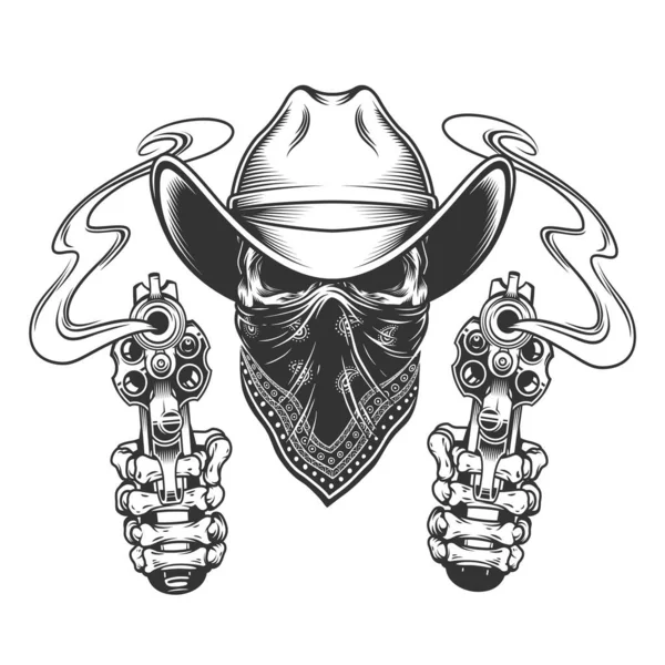 Cowboy Totenkopf Mit Schal Gesicht Und Skelettierten Händen Die Pistolen — Stockvektor