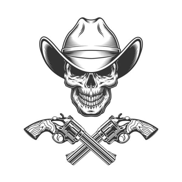 Crânio Monocromático Vintage Chapéu Cowboy Com Armas Cruzadas Ilustração Vetorial — Vetor de Stock
