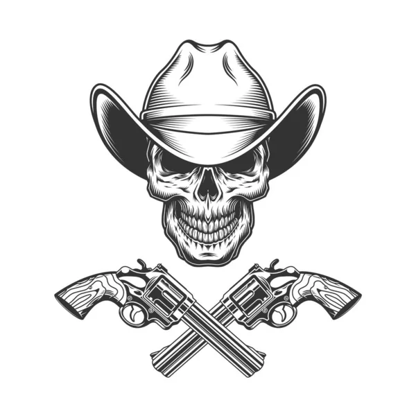 Vintage Monochrome Schedel Cowboy Hoed Met Gekruiste Geweren Geïsoleerde Vector — Stockvector