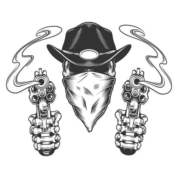 Vintage Cráneo Vaquero Monocromo Con Bufanda Esqueleto Manos Sosteniendo Pistolas — Vector de stock