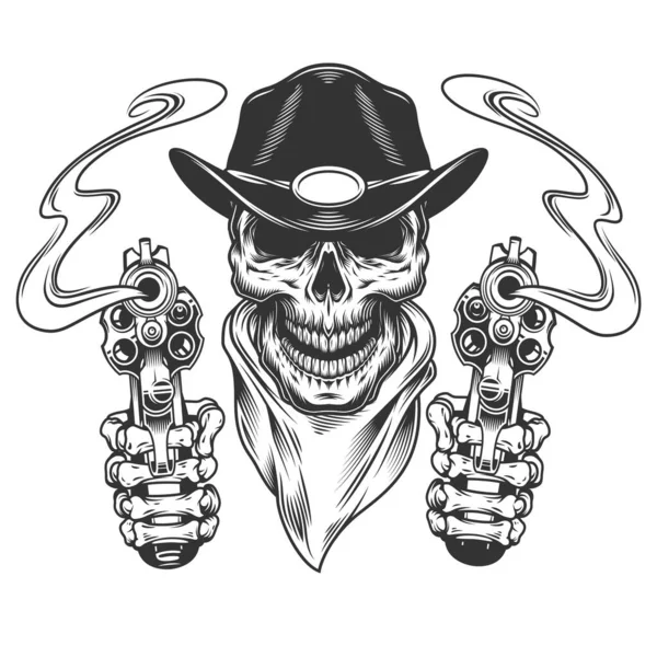Vintage Cowboy Crânio Pescoço Bandana Com Esqueleto Mãos Segurando Armas — Vetor de Stock