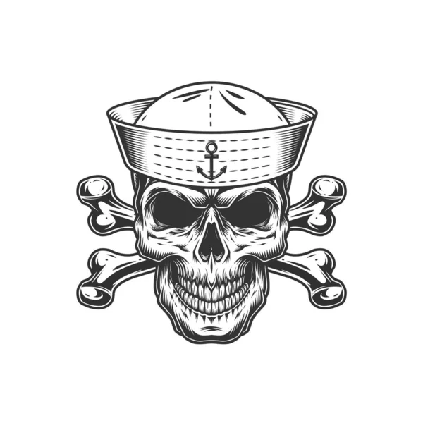 Crânio Monocromático Vintage Chapéu Marinheiro Com Ossos Cruzados Ilustração Vetorial —  Vetores de Stock