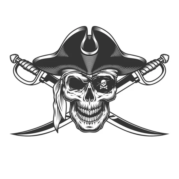Crâne Monochrome Vintage Chapeau Pirate Avec Bandeau Épées Croisées Illustration — Image vectorielle