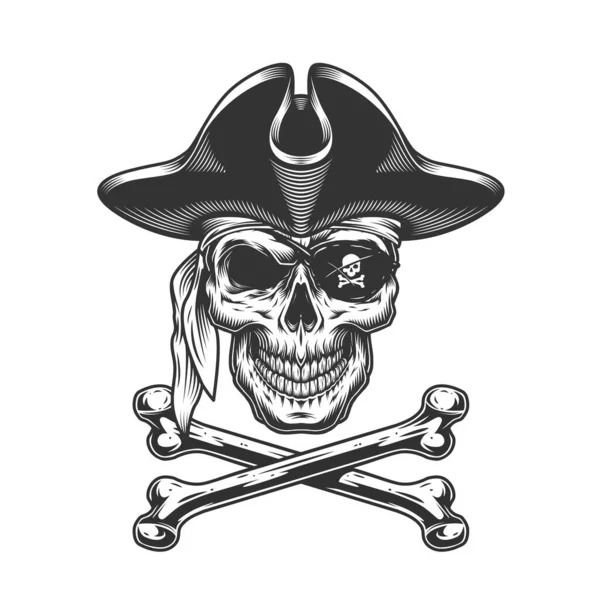 Vintage Skull Pirate Hat Eye Patch Crossbones Isolated Vector Illustration — Stock Vector