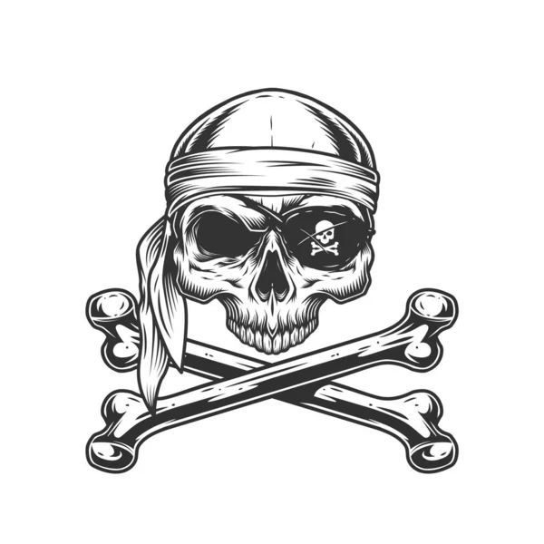 Ročník Pirátská Lebka Bez Čelisti Šátku Náplast Křížovými Kostmi Izolované — Stockový vektor