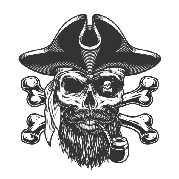 Vintage Barbuto Baffuto Pirata Cranio Fumare Tubo Con Benda Sull — Vettoriale Stock