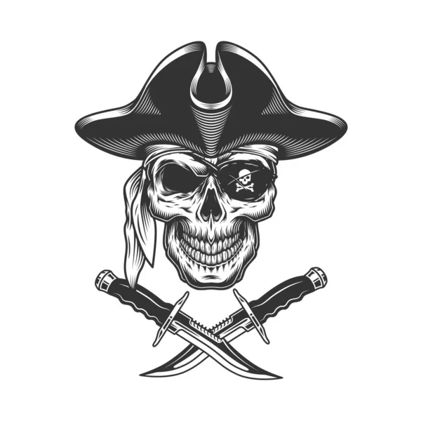 Crâne Pirate Monochrome Avec Bandeau Couteaux Croisés Illustration Vectorielle Isolée — Image vectorielle