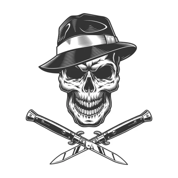 Cráneo Gangster Vintage Sombrero Sombrero Fedora Con Cuchillos Cruzados Ilustración — Vector de stock