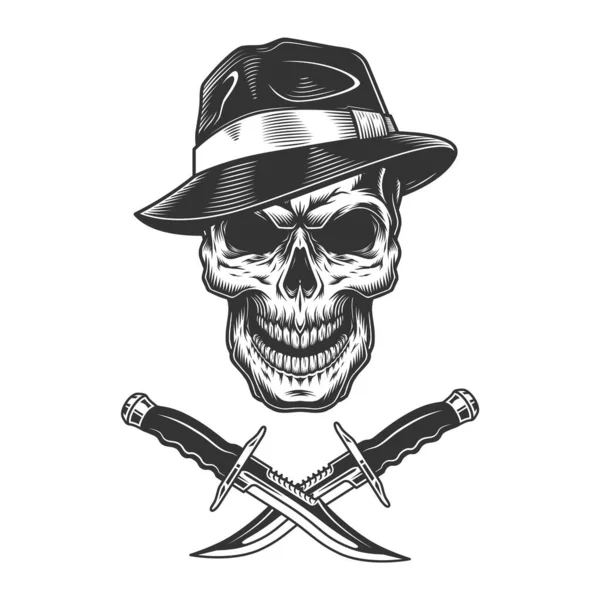 Gangster Skull Wearing Fedora Hat Crossed Knives Vintage Monochrome Style — Stock Vector