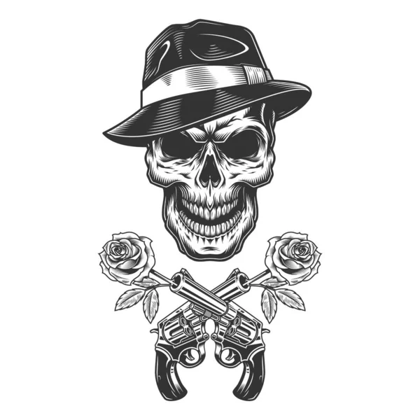 Cráneo Gangster Monocromo Vintage Con Rosas Barriles Pistola Cruzada Ilustración — Vector de stock