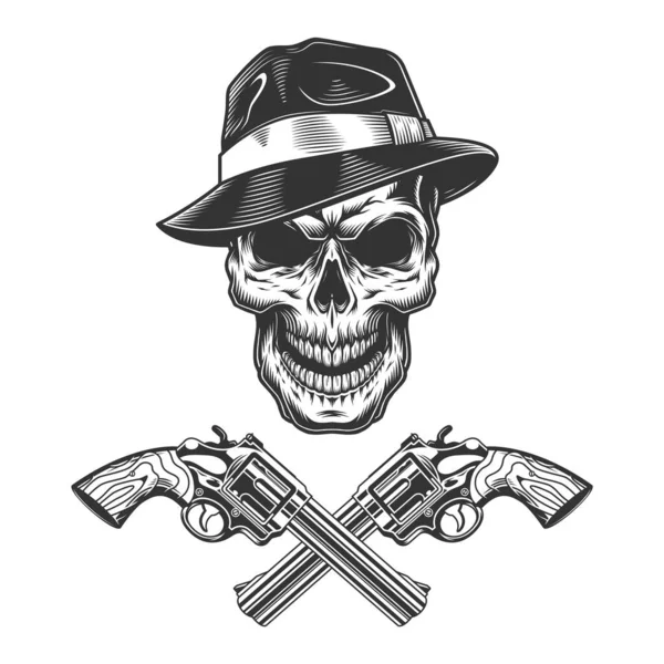 Concept Criminel Monochrome Vintage Avec Crâne Gangster Pistolets Croisés Illustration — Image vectorielle