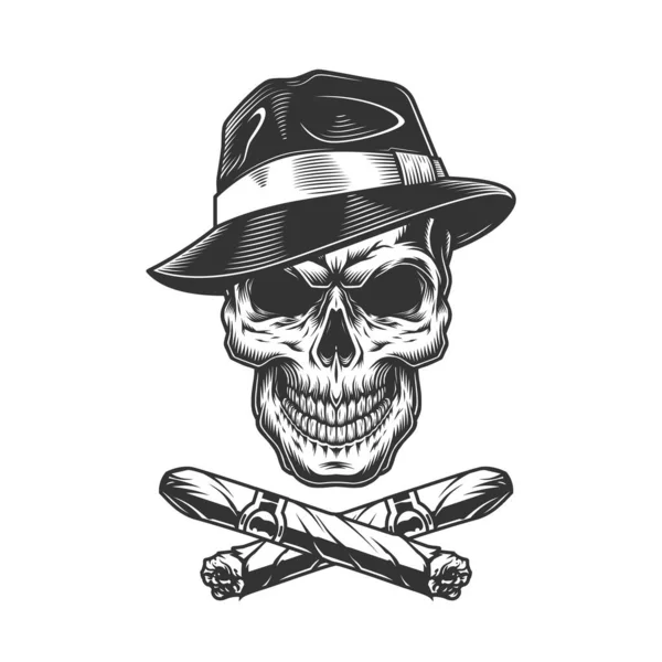 Vintage Gangster Skull Fedora Hat Crossed Cuban Cigars Isolated Vector — Stock Vector