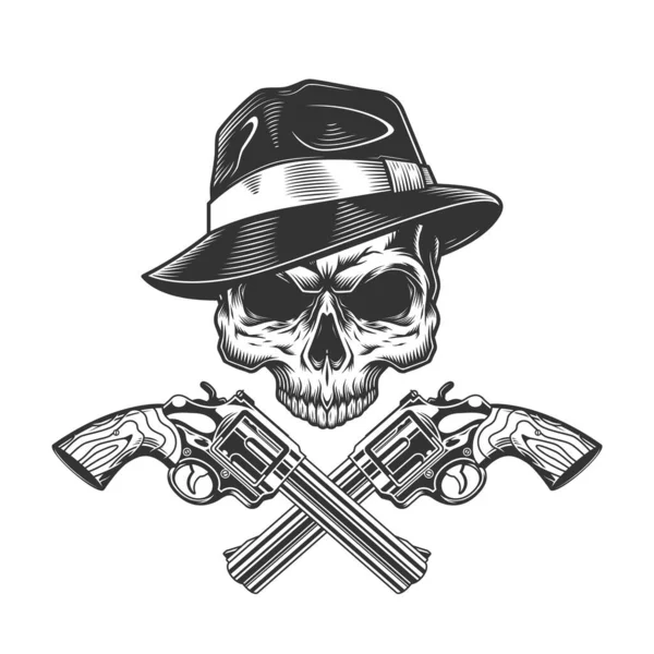 Cráneo Gangster Monocromo Vintage Sin Mandíbula Pistolas Cruzadas Ilustración Vector — Archivo Imágenes Vectoriales