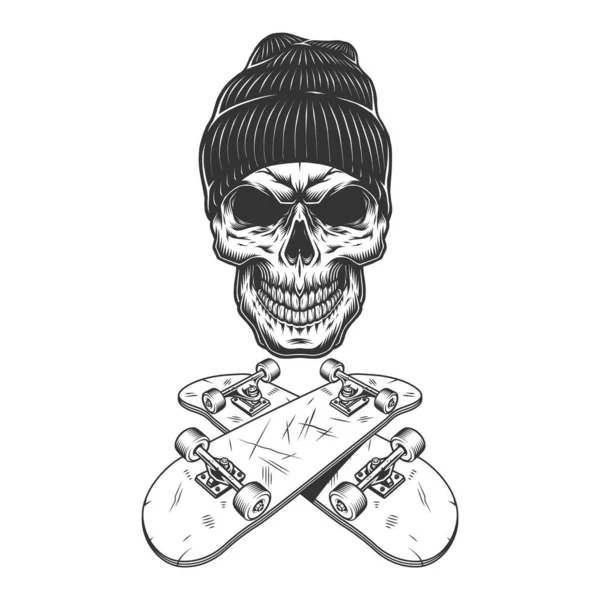 ヴィンテージモノクロスケボー頭蓋骨でビーニー帽子とともに十字架スケートボード絶縁ベクトルイラスト — ストックベクタ