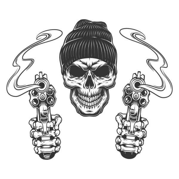 Gangster Κρανίο Καπέλο Beanie Χέρια Σκελετό Κρατώντας Περίστροφα Vintage Μονόχρωμη — Διανυσματικό Αρχείο