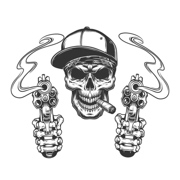 Skull Smoking Cigar Baseball Cap Skeleton Hands Holding Pistols Vintage — Stock Vector