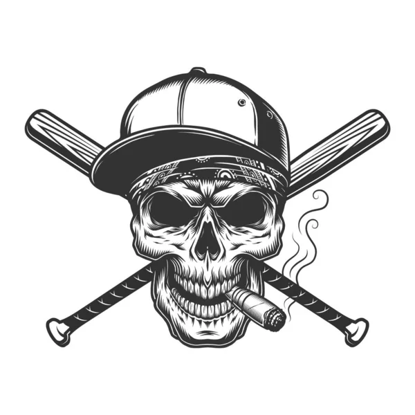 Vintage Monochromen Totenkopf Baseballkappe Mit Zigarre Und Gekreuzten Fledermäusen Isolierte — Stockvektor