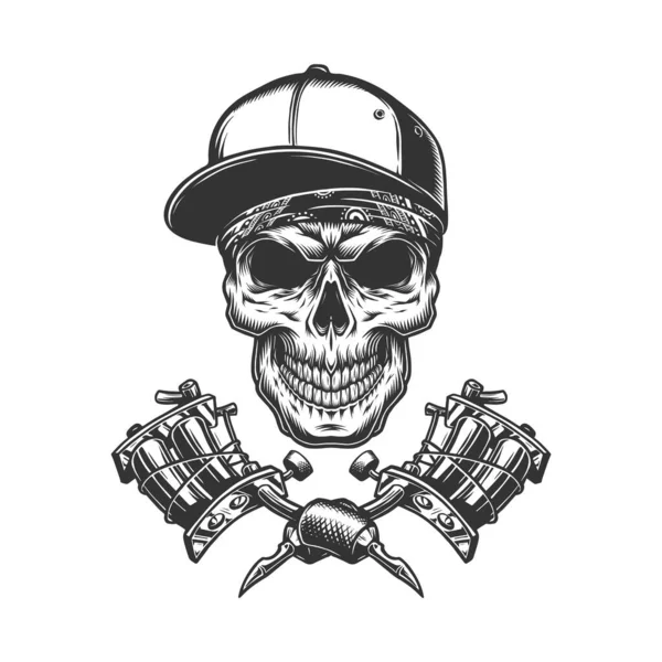 Skull Bandana Baseball Cap Crossed Tattoo Machines Vintage Monochrome Style — Stock Vector