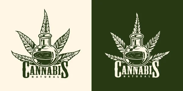 Vintage Monochrome Marijuana Logotype Cannabis Leaf Hemp Oil Glass Tube Stock Illustration